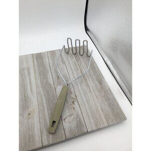 Vintage Potato Vegetable Masher Stainless Steel Olive Green Handle Utensil 11"